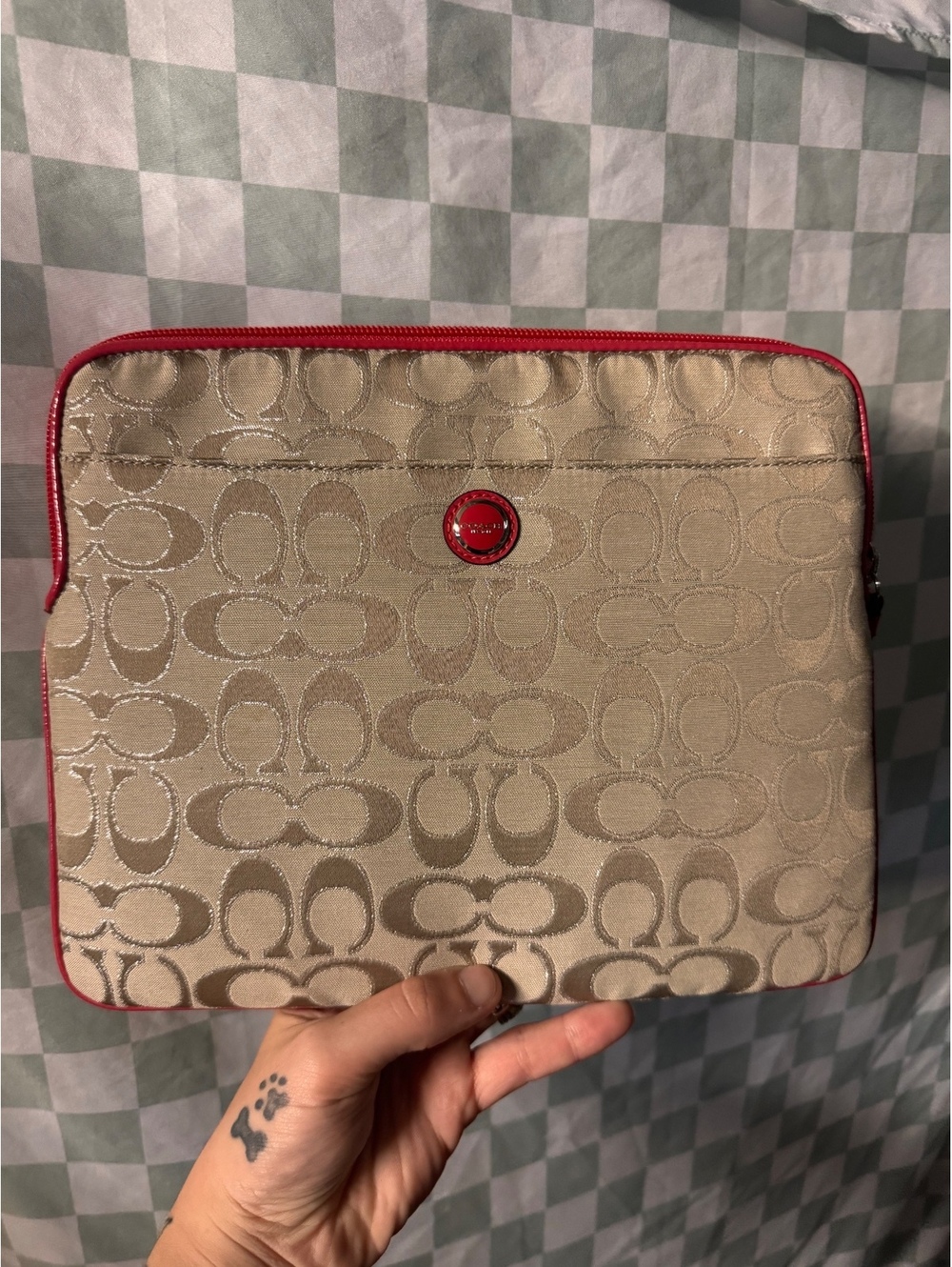 Coach Signature Jacquard Laptop Sleeve with Red/Pink Trim